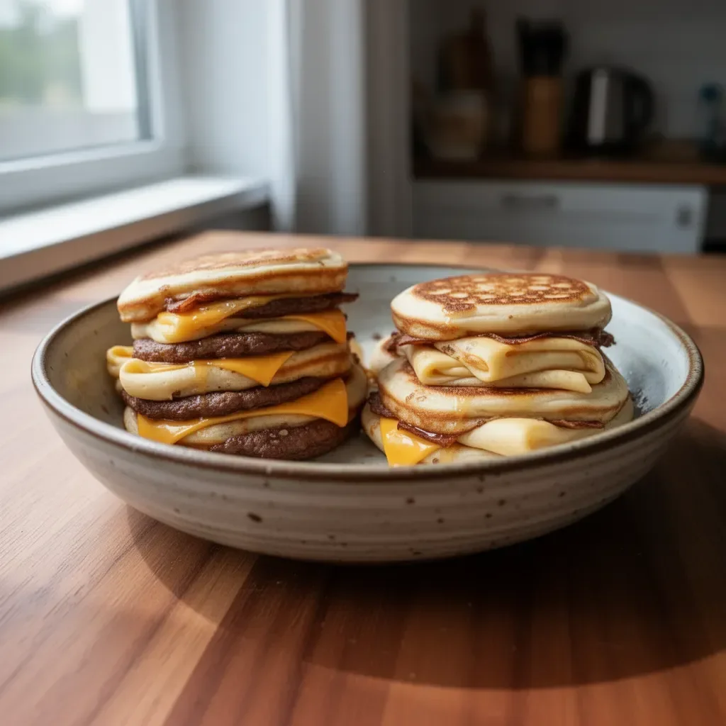 Domowe McGriddles na talerzu z sosami i dodatkami
