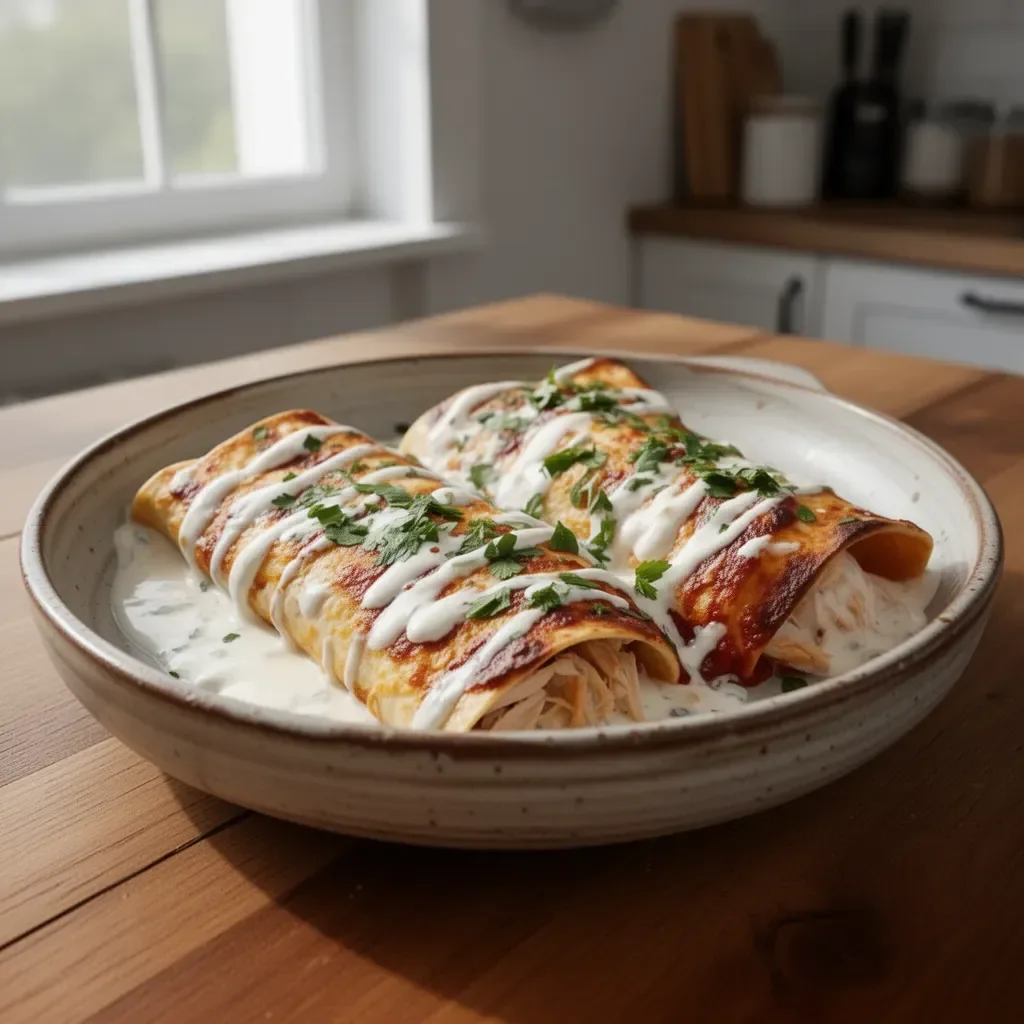 Enchilady z kurczakiem rotisserie z kwaśną śmietaną na talerzu