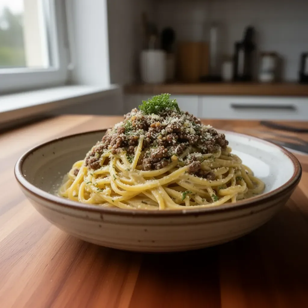Kremowe linguine wołowe z sosem czosnkowym i parmezanem na talerzu