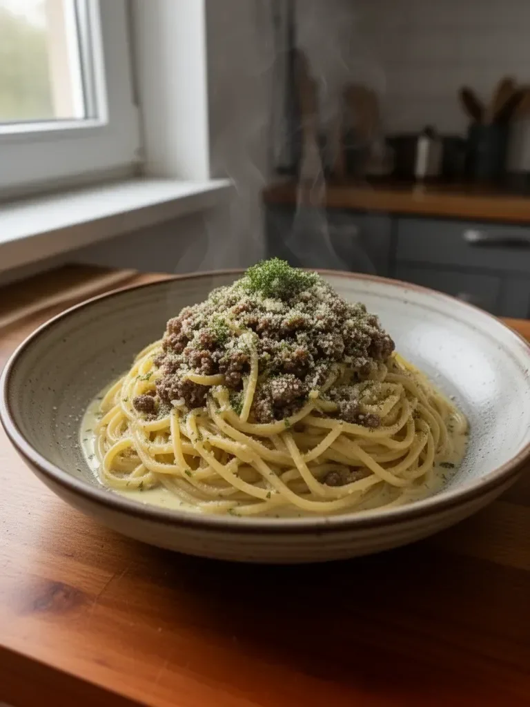 Kremowe linguine wołowe z sosem czosnkowym i parmezanem