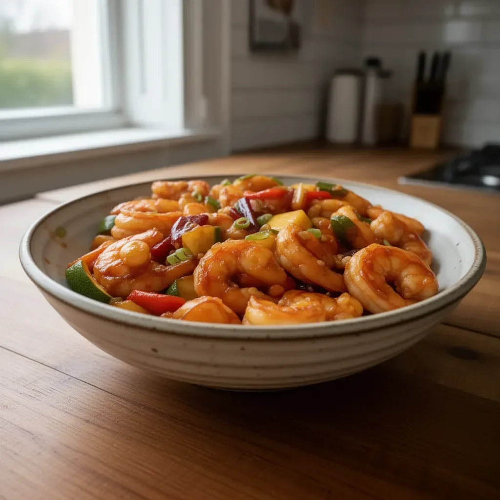 Krewetki Kung Pao w smażonych naleśnikach podane na talerzu