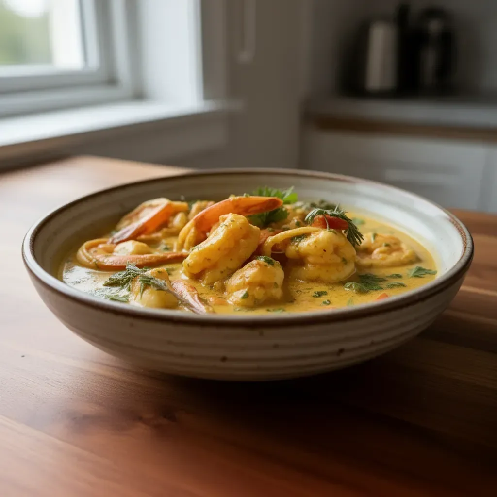 Krewetki w curry kokosowym na talerzu z aromatycznymi przyprawami