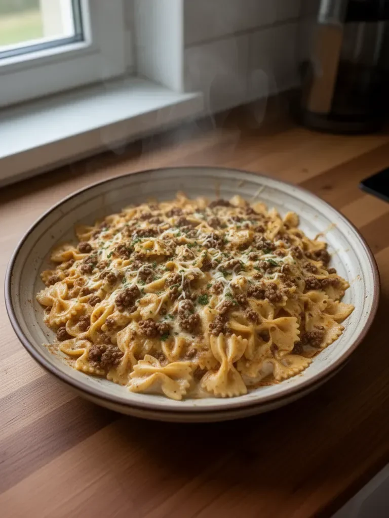 Krewetkowe bowties z serem śmietankowym i przyprawioną mieloną wołowiną po Cajun.