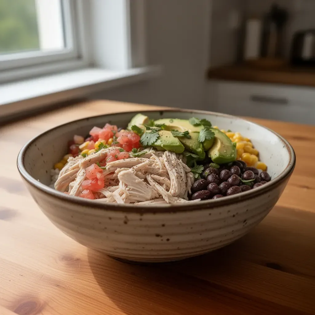 Łatwe burrito bowl z kurczakiem rotisserie na talerzu