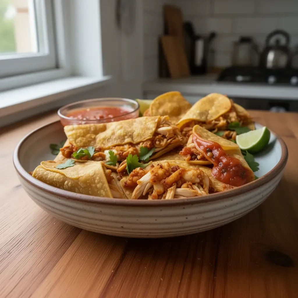 Łatwe pieczone chrupiące tacos z kurczaka, podane z dodatkami