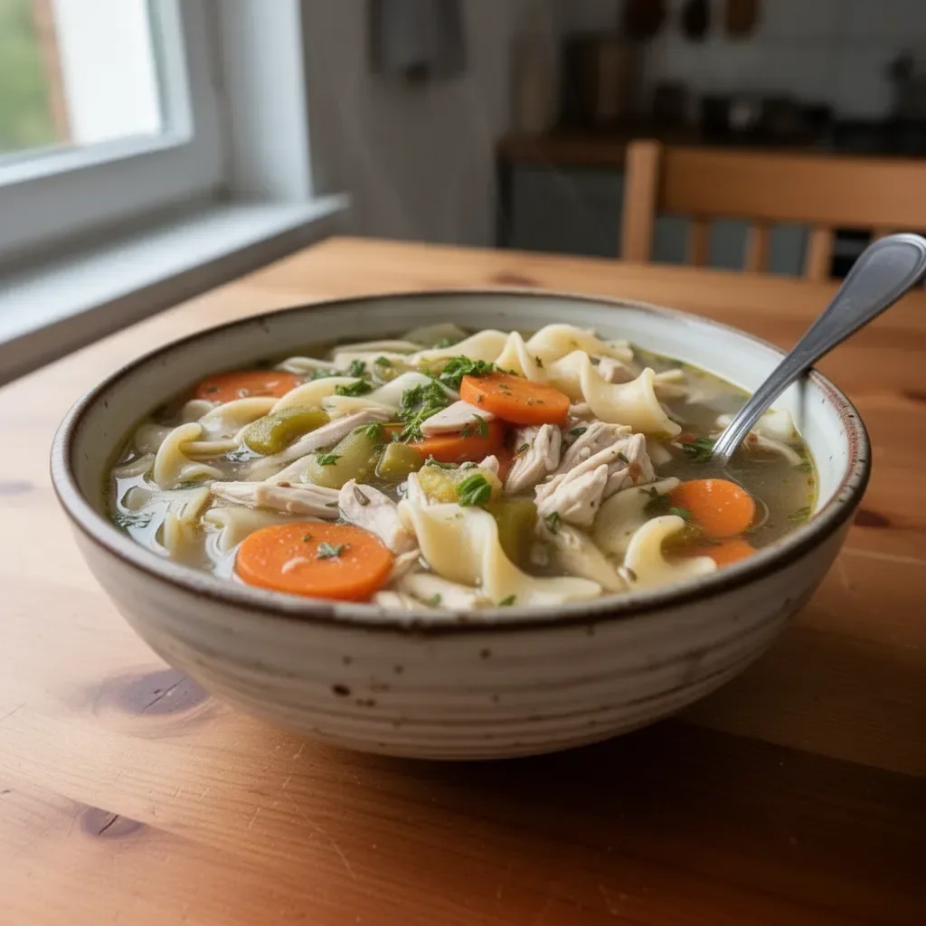 Łatwy przepis na zupę noodle z kurczakiem z rożna w garnku.