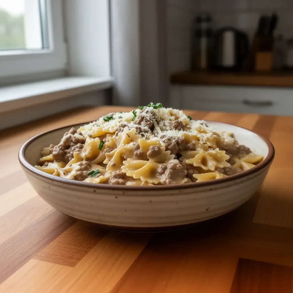 Makaron muszki z czosnkiem, parmezanem i kremowym mięsem na talerzu