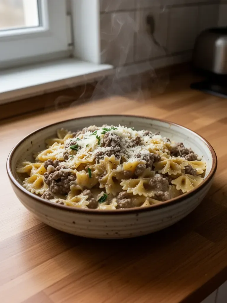 Makaron muszki z czosnkiem i parmezanem w kremowym mięsie