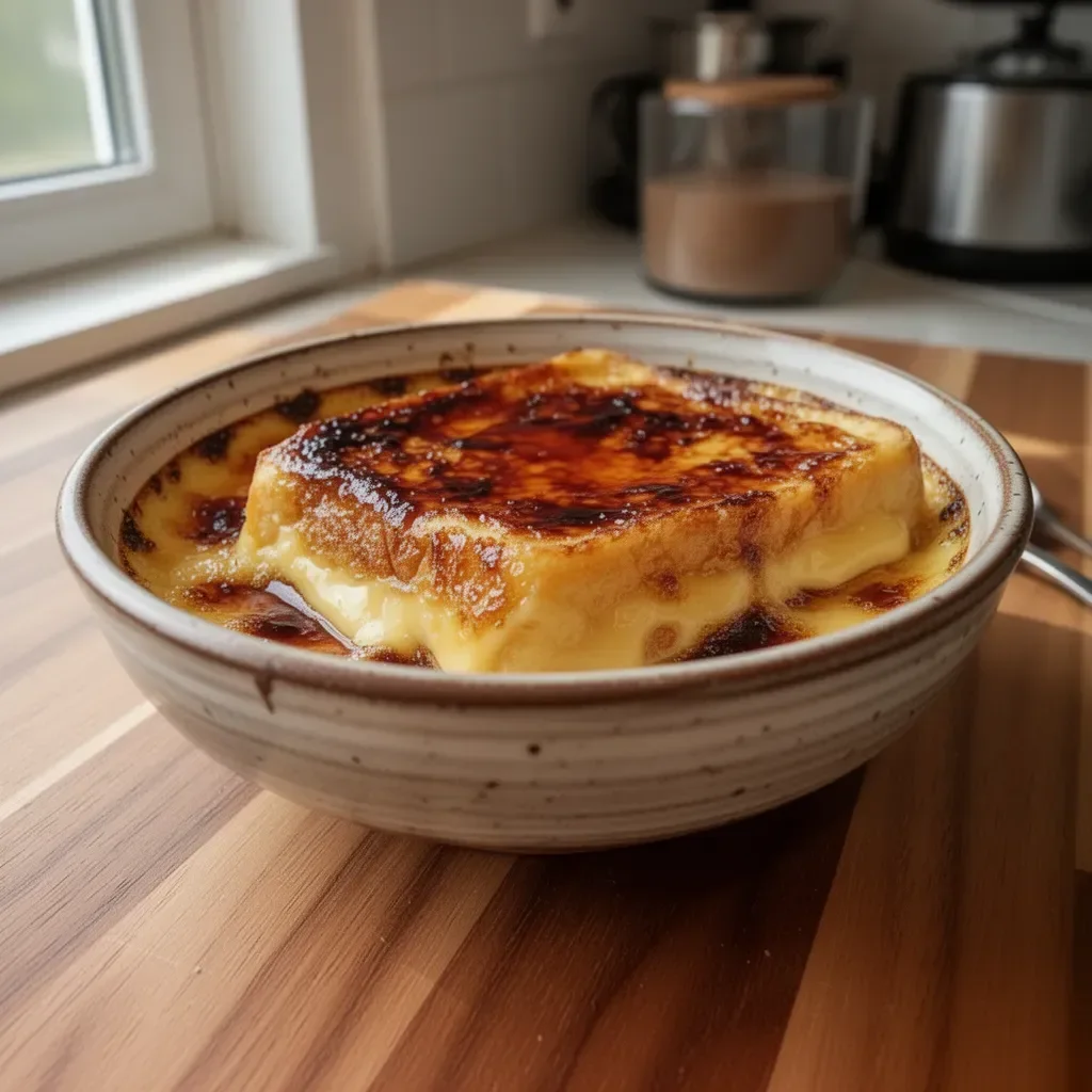 Nocna francuska tostowa crème brûlée na talerzu z karmelem na wierzchu