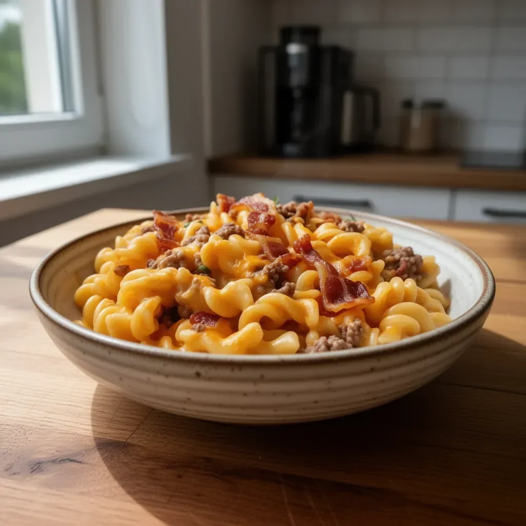 Pasta burger z serowym burgerem i bekonem na talerzu