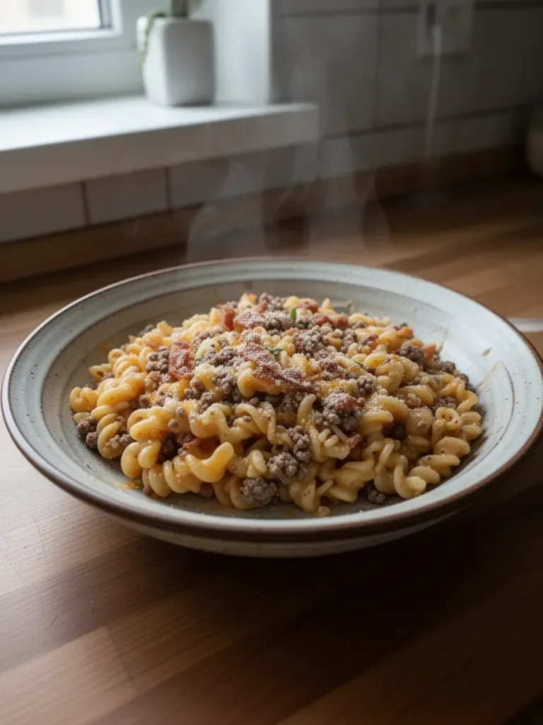 Pasta z Serowym Burgerem i Bekonem