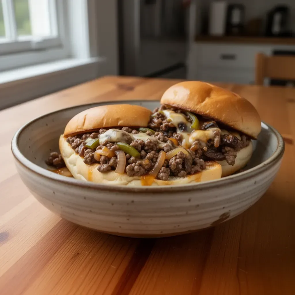 Philly Cheesesteak Sloppy Joes na talerzu z dodatkami