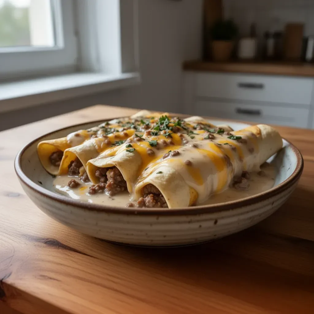 Pyszne enchilady śniadaniowe z sosem kiełbasianym podane na talerzu