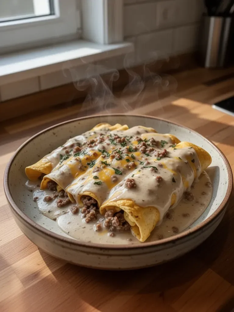 Pyszne enchilady śniadaniowe z sosem kiełbasianym