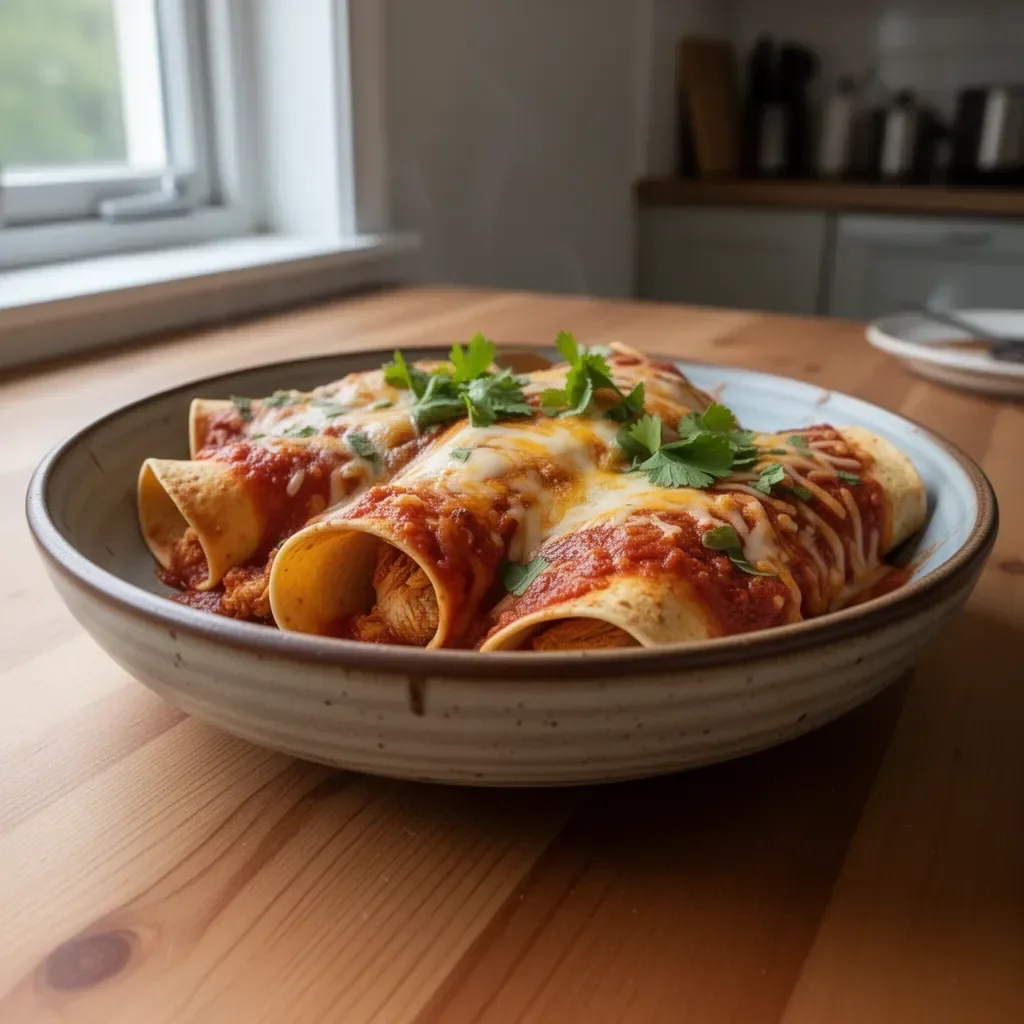 Serowe enchilady z kurczaka rotisserie z serem i sosem na talerzu