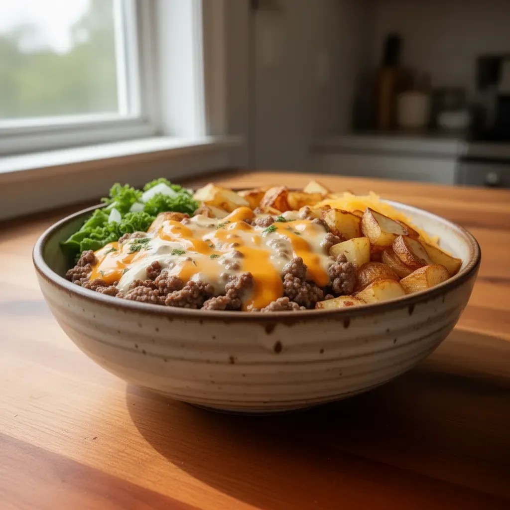 Zdrowa miska Smash Burger Bowl z soczystym burgerem i świeżymi warzywami.