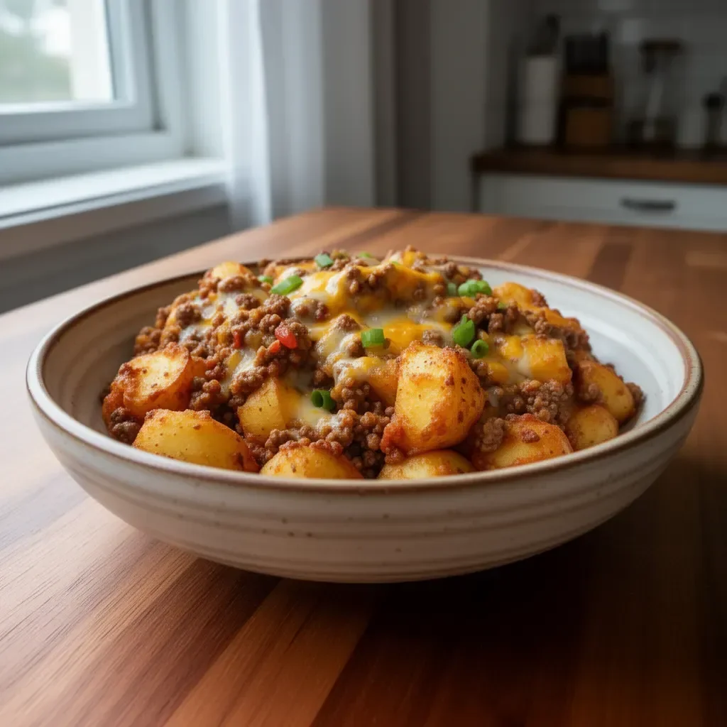 Smażony ziemniak z Sloppy Joe na talerzu