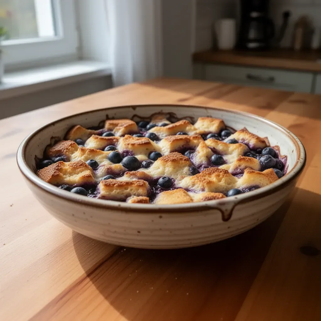 Szybka casserole z francuskimi tostami i borówkami na talerzu