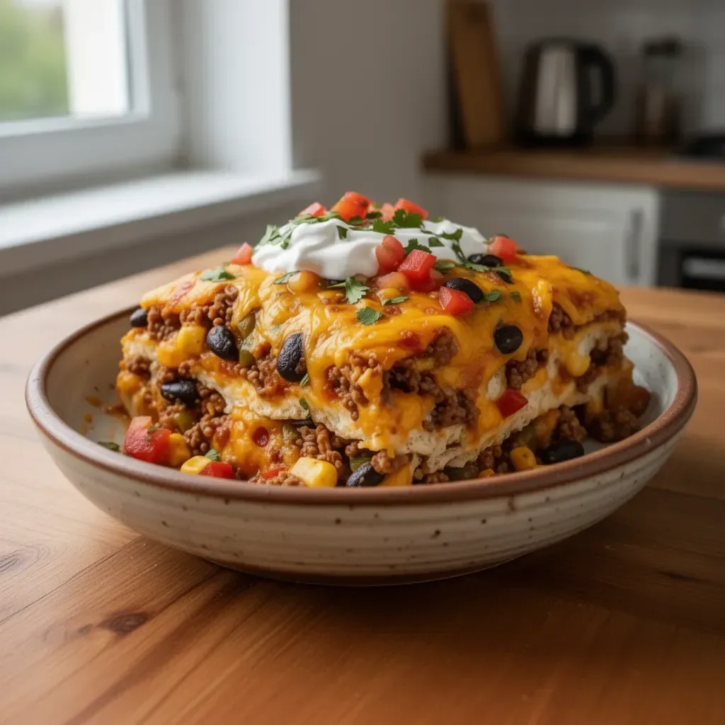 Taco Casserole, znany jako Zapiekanka Tacos, na talerzu z dodatkami.