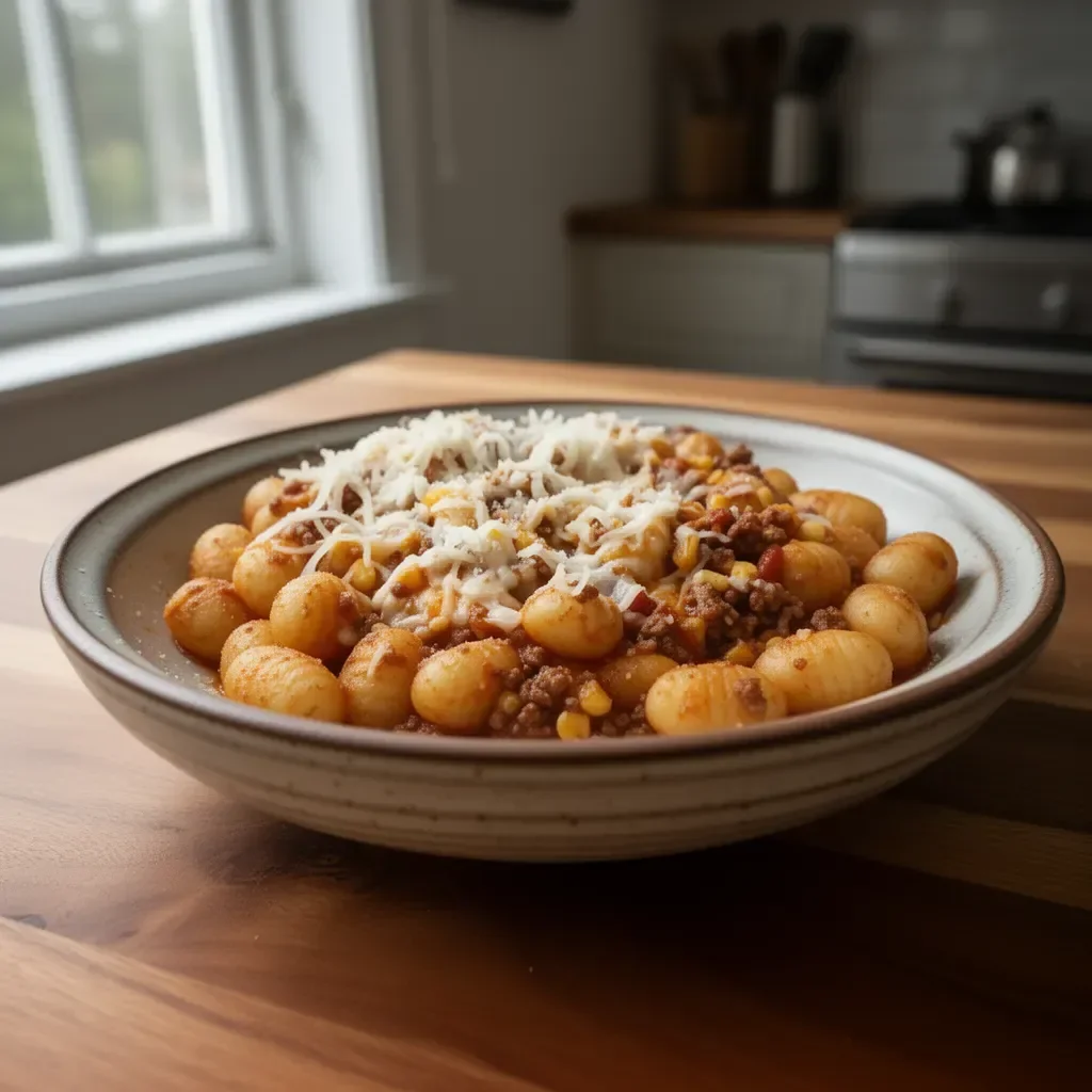 Taco Gnocchi z mięsem, serem i świeżymi warzywami na talerzu