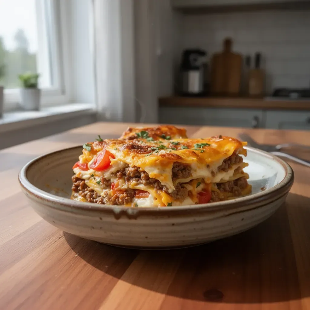 Tacos lasagne z soczystym mięsem i świeżymi składnikami w apetycznej formie