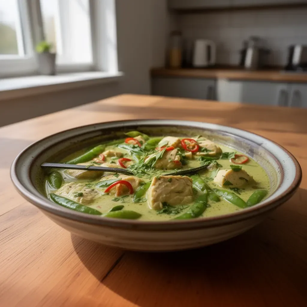 Tajskie zielone curry rybne z rybą i świeżymi ziołami na talerzu