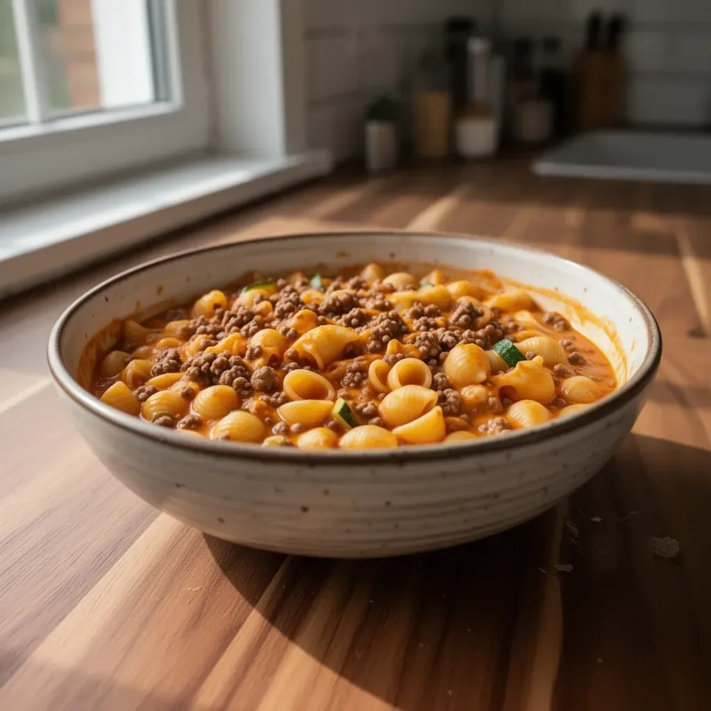 Wysokobiałkowy Hamburger Helper na talerzu z dodatkami