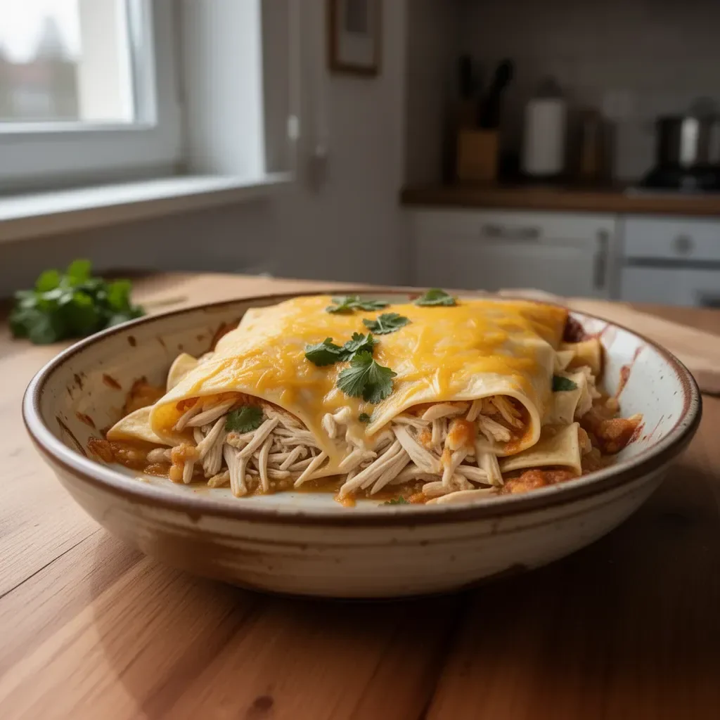 Zapiekanka enchilada z serem i kurczakiem, apetyczne danie na talerzu.