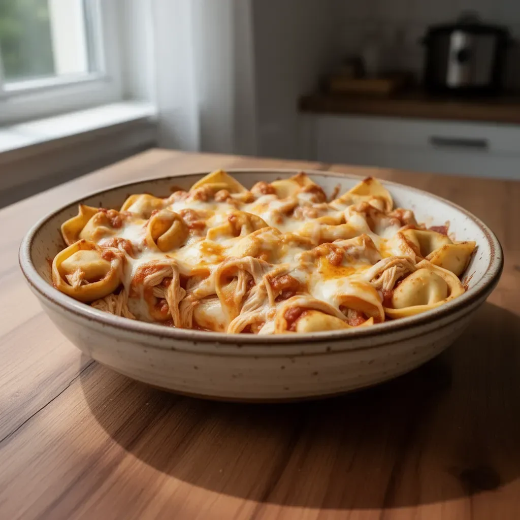 Zapiekanka tortellini z kurczakiem enchilada na talerzu