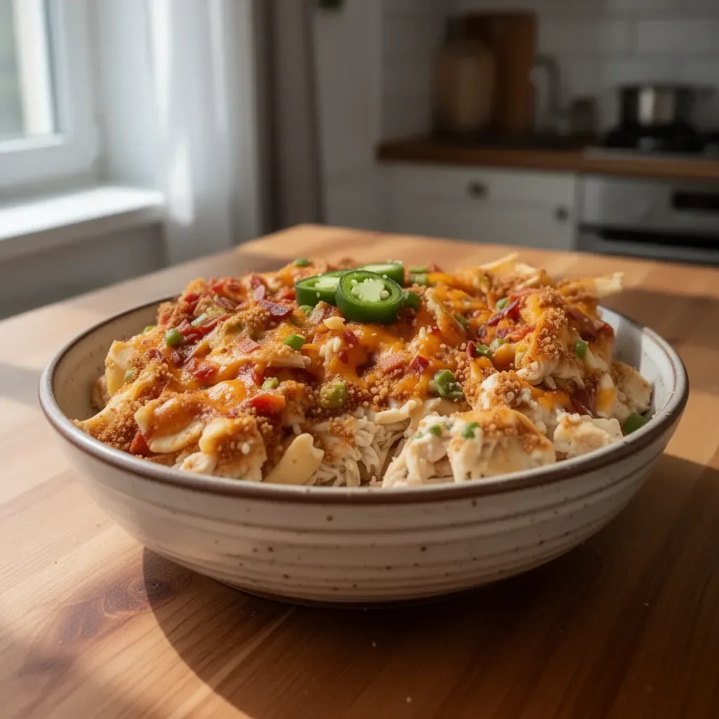 Zapiekanka z kurczaka z jalapeño i serem na talerzu.