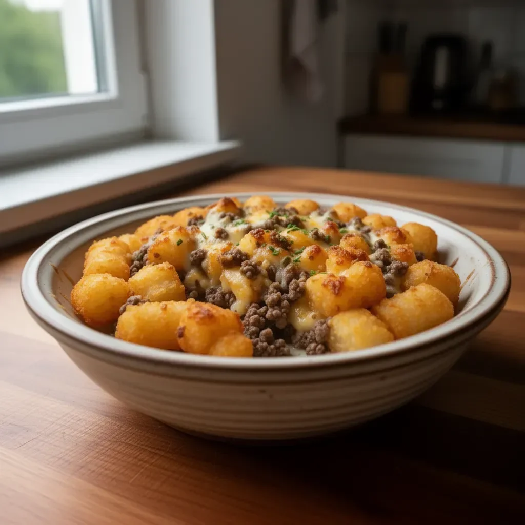 Zapiekanka z tater tots i mieloną wołowiną na talerzu